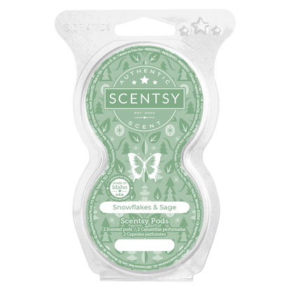 Scentsy Snowflakes & Sage scented pod packaging on a white background