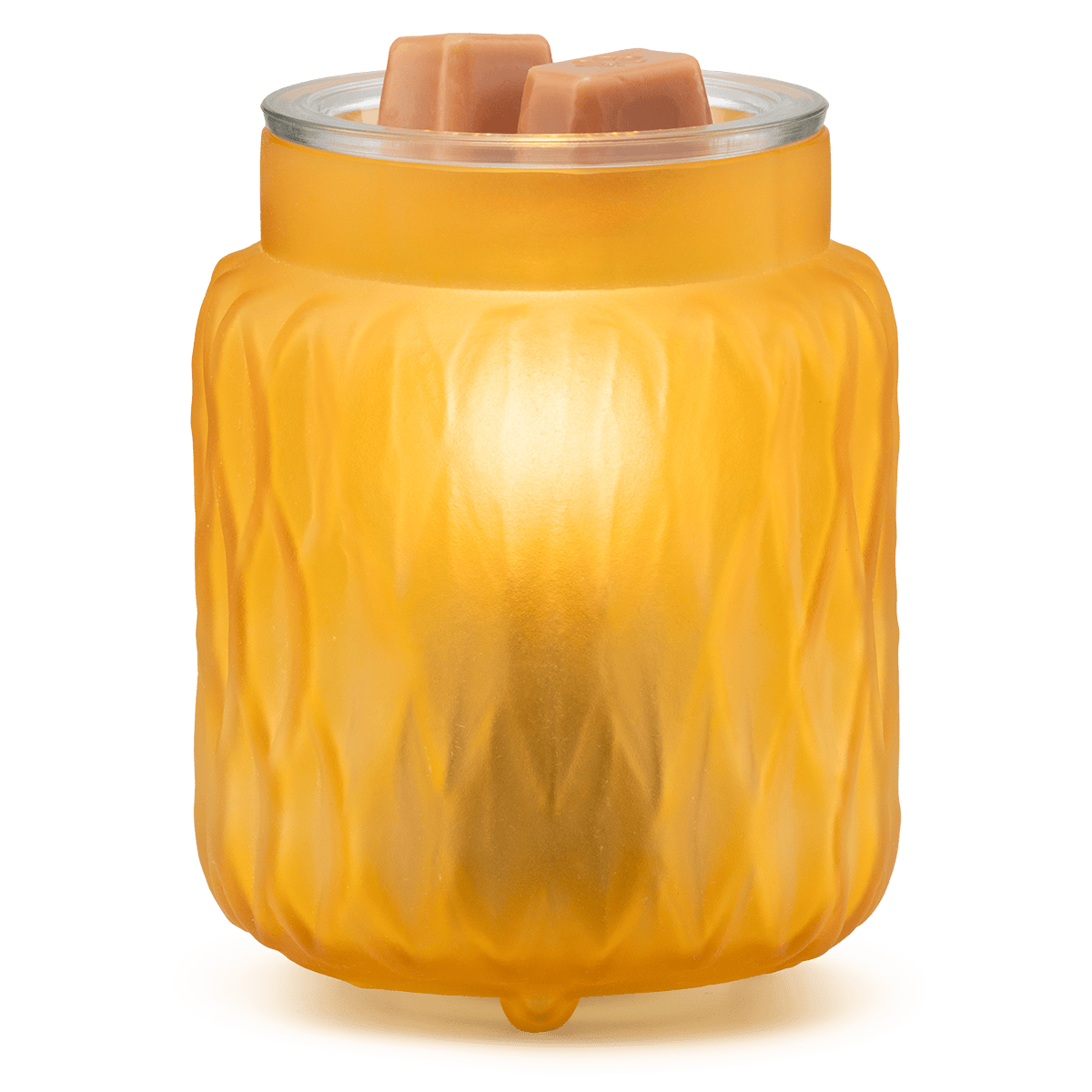 Yellow textured wax warmer with two wax melts on a green background