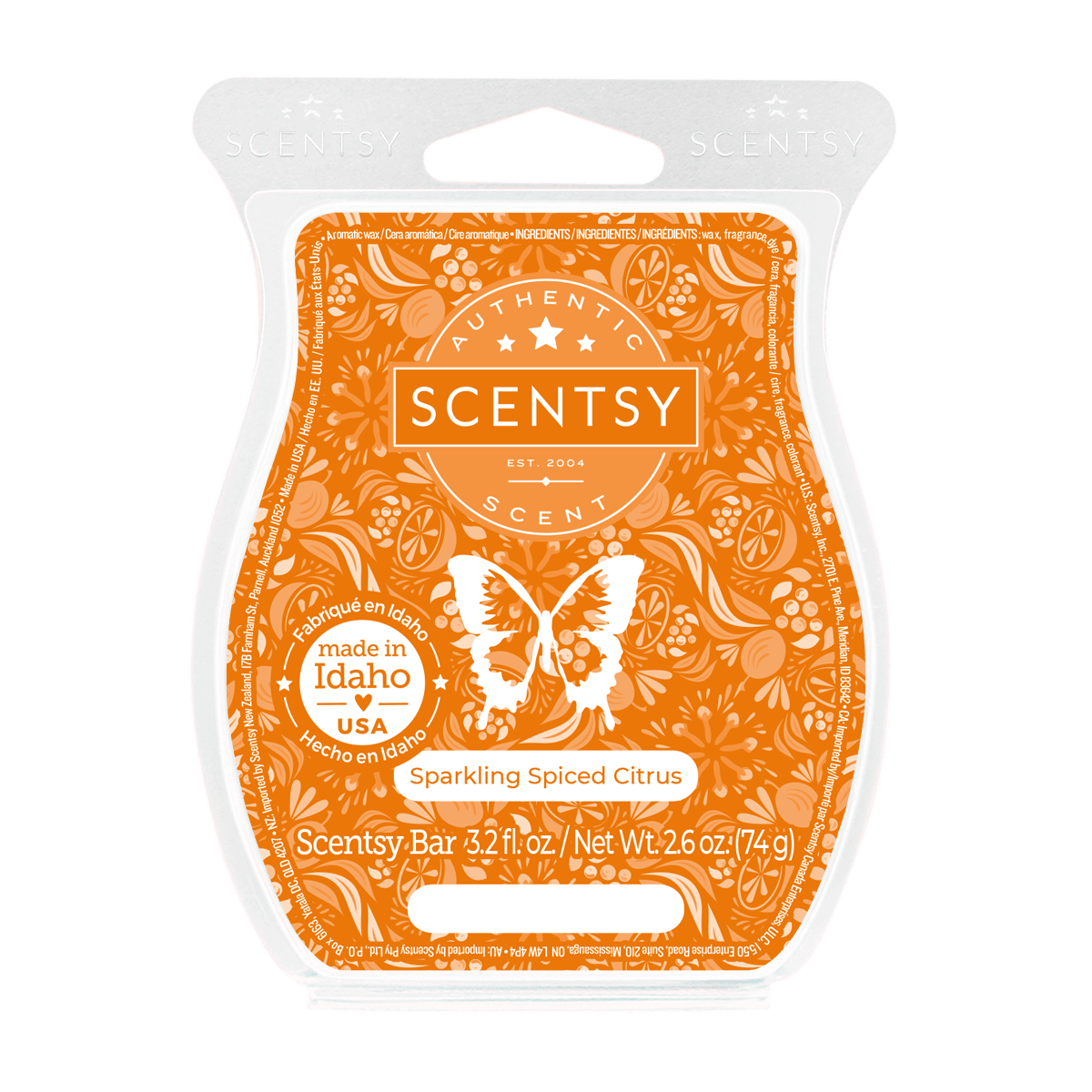 Scentsy bar packaging with orange design and butterfly illustration on a white background