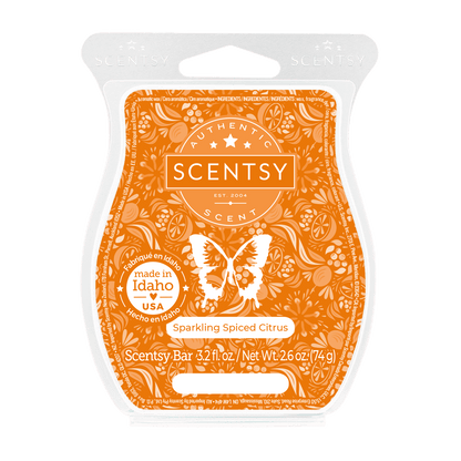 Scentsy bar packaging with orange design and butterfly illustration on a white background