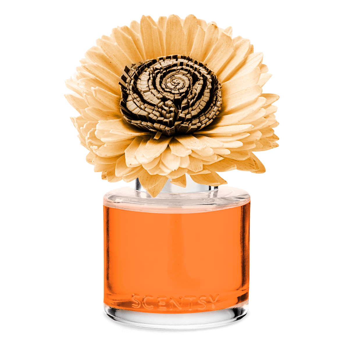 Orange perfume bottle with a decorative flower on a black background