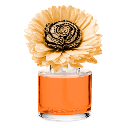 Orange perfume bottle with a decorative flower on a black background