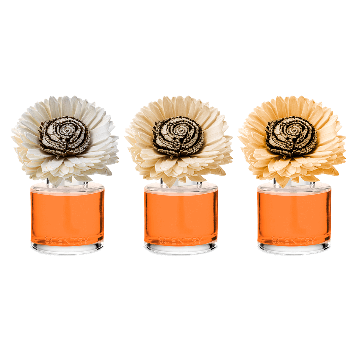 Three floral diffusers with orange bases on a black background