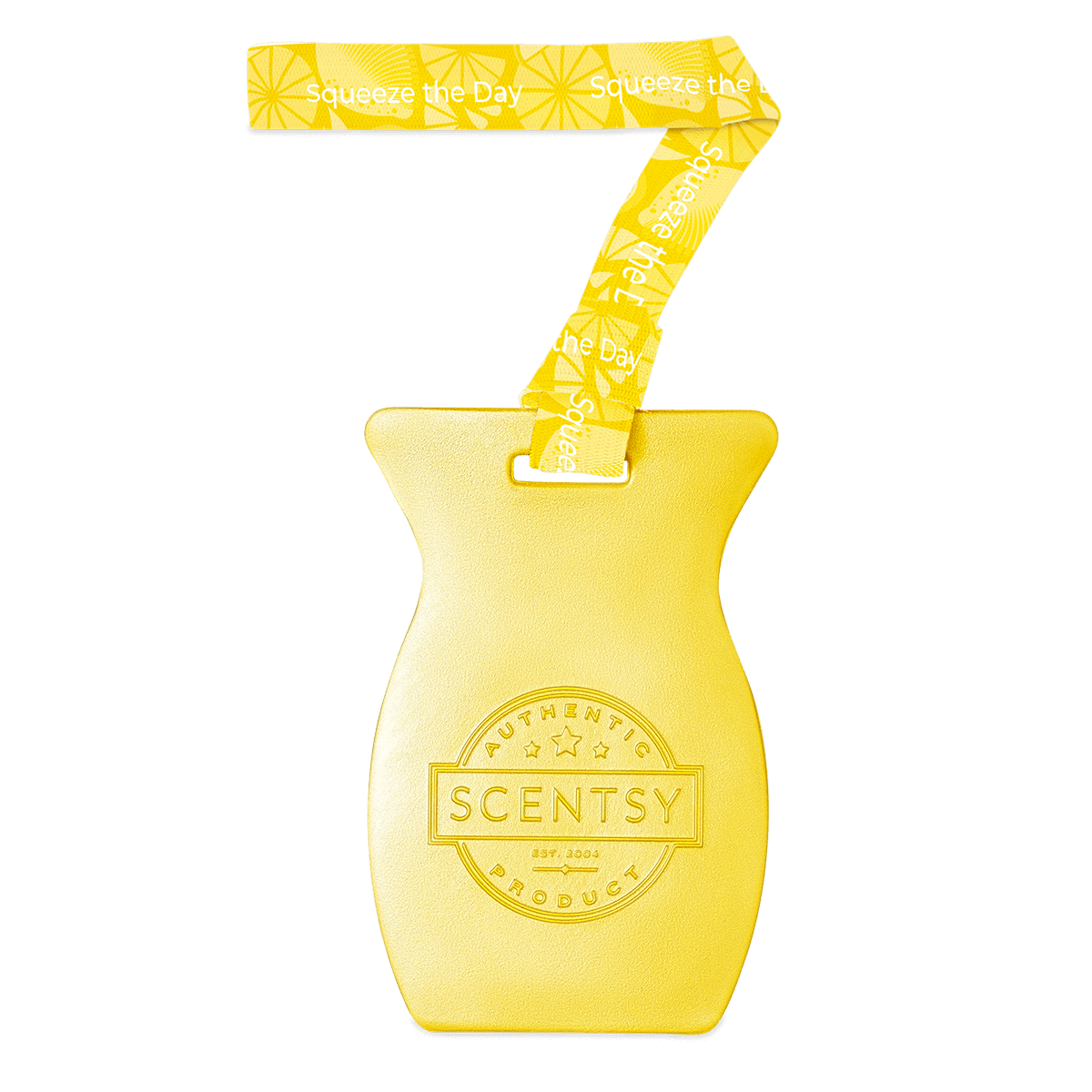 Yellow Scentsy product with a band on a black background