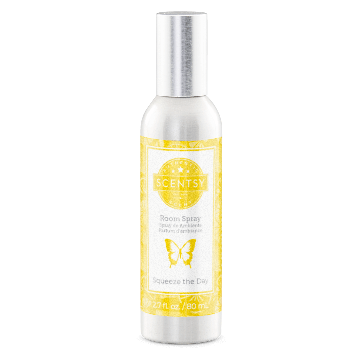 Scentsy room spray bottle with yellow label on a white background