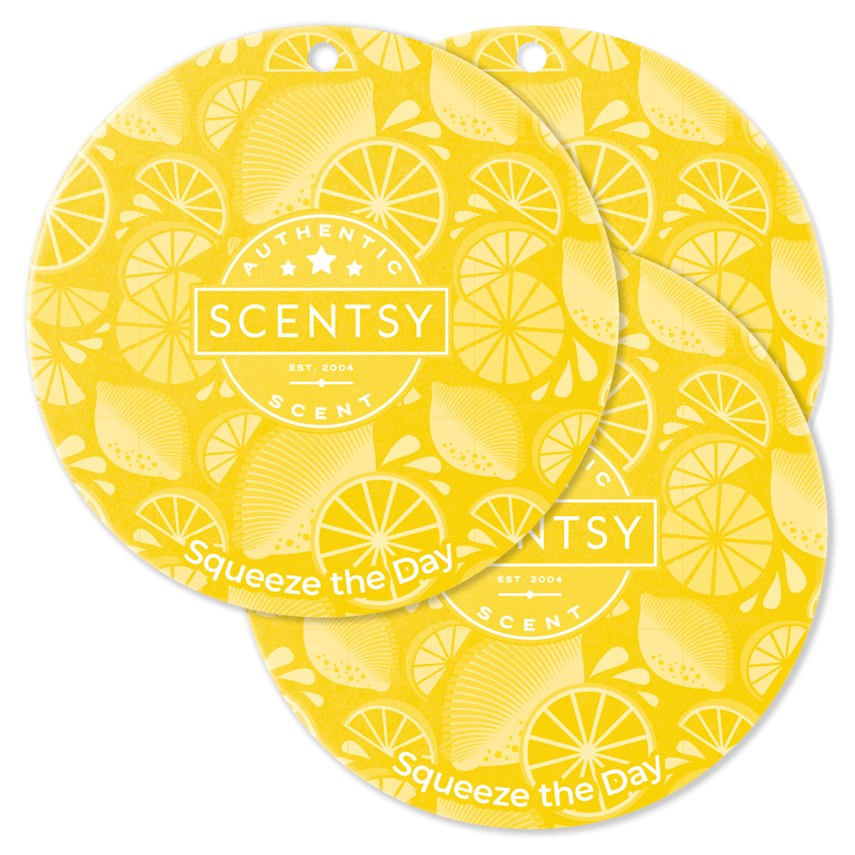 Two yellow Scentsy scent discs with lemon pattern on a black background