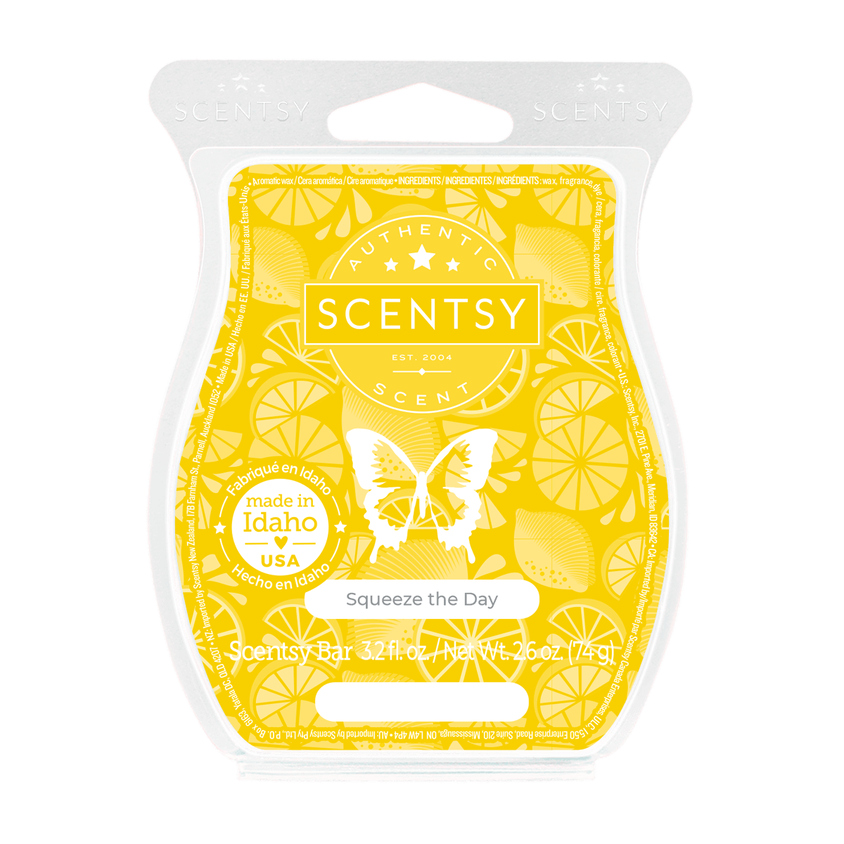 Scentsy bar packaging with yellow design and butterfly illustration on a white background