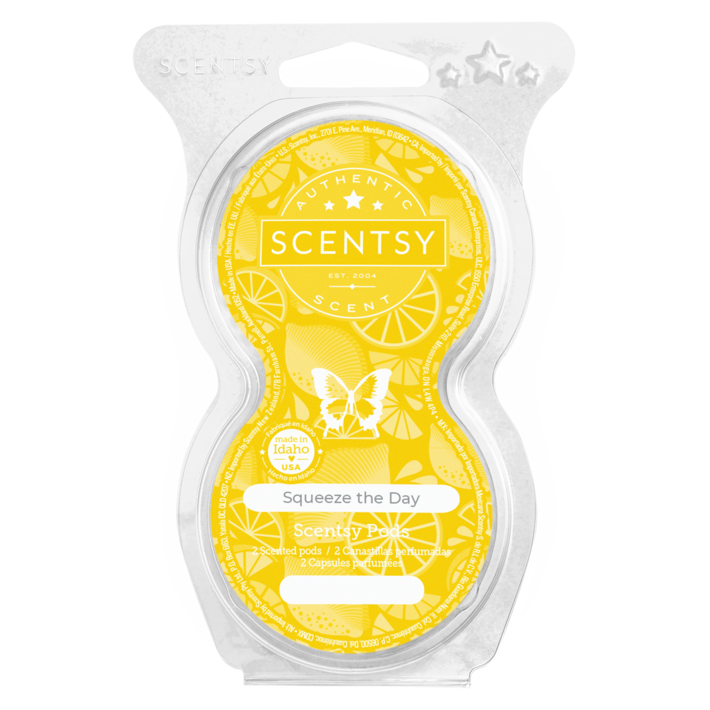 Scentsy wax melt package with yellow design and 'Squeeze the Day' text on a white background