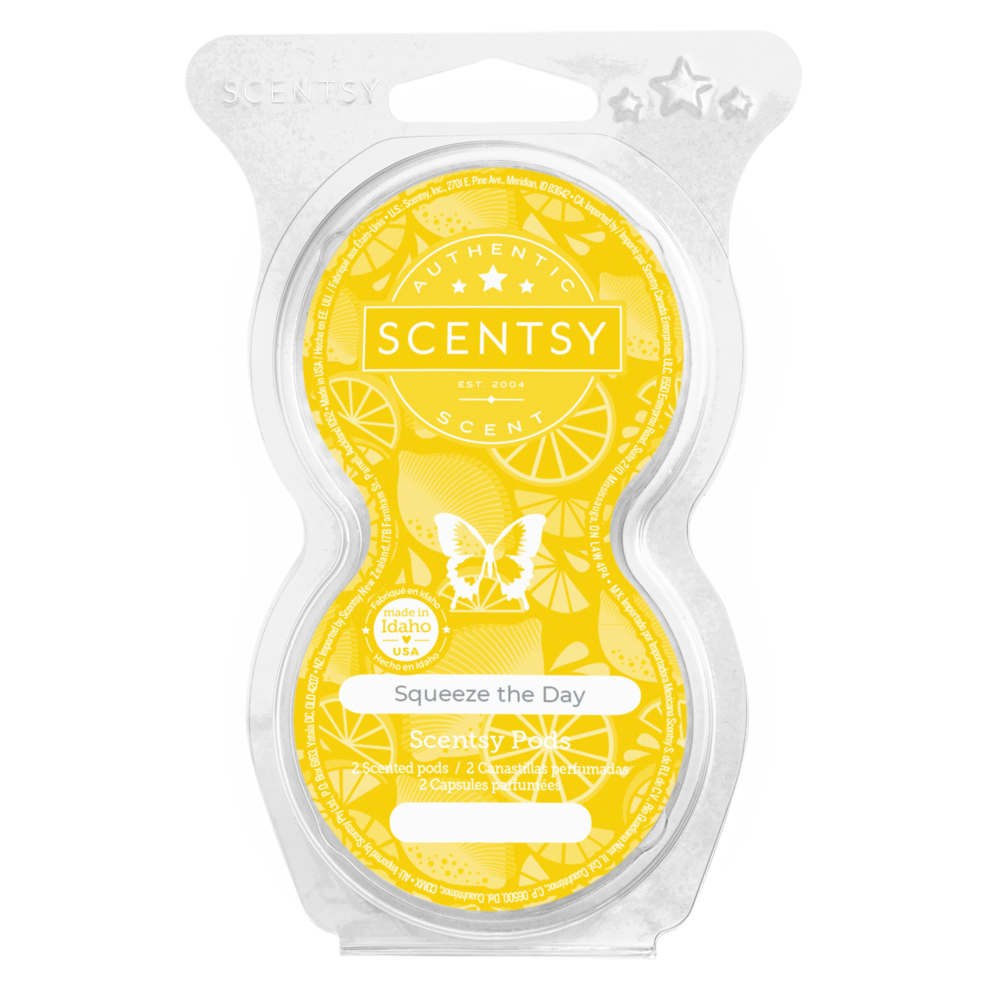 Scentsy wax melt package with yellow design and 'Squeeze the Day' text on a white background