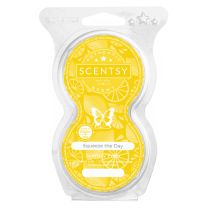 Scentsy wax melt package with yellow design and 'Squeeze the Day' text on a white background