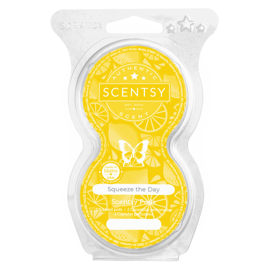 Scentsy wax melt package with yellow design and 'Squeeze the Day' text on a white background