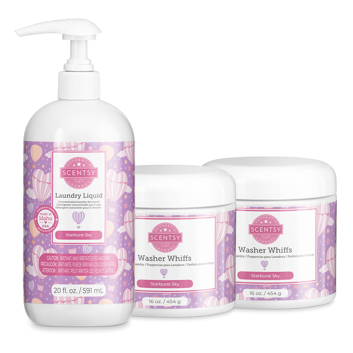 Scentsy laundry product set including liquid, whiffs, and dryer sheets on a white background