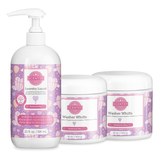 Scentsy laundry product set including liquid, whiffs, and dryer sheets on a white background