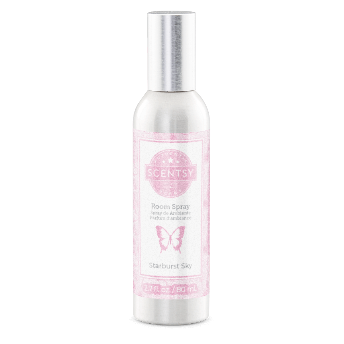 Scentsy room spray bottle with pink label on a white background