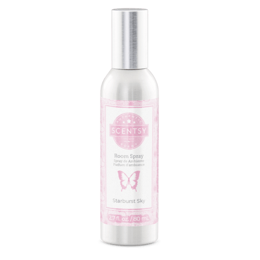 Scentsy room spray bottle with pink label on a white background
