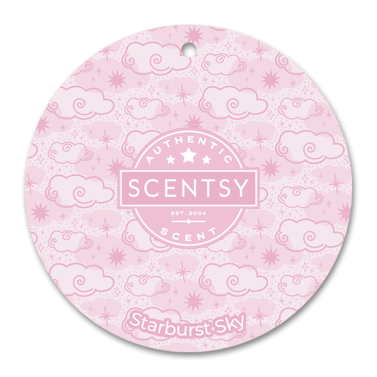Scentsy product packaging with pink cloud pattern and 'Starburst Sky' text