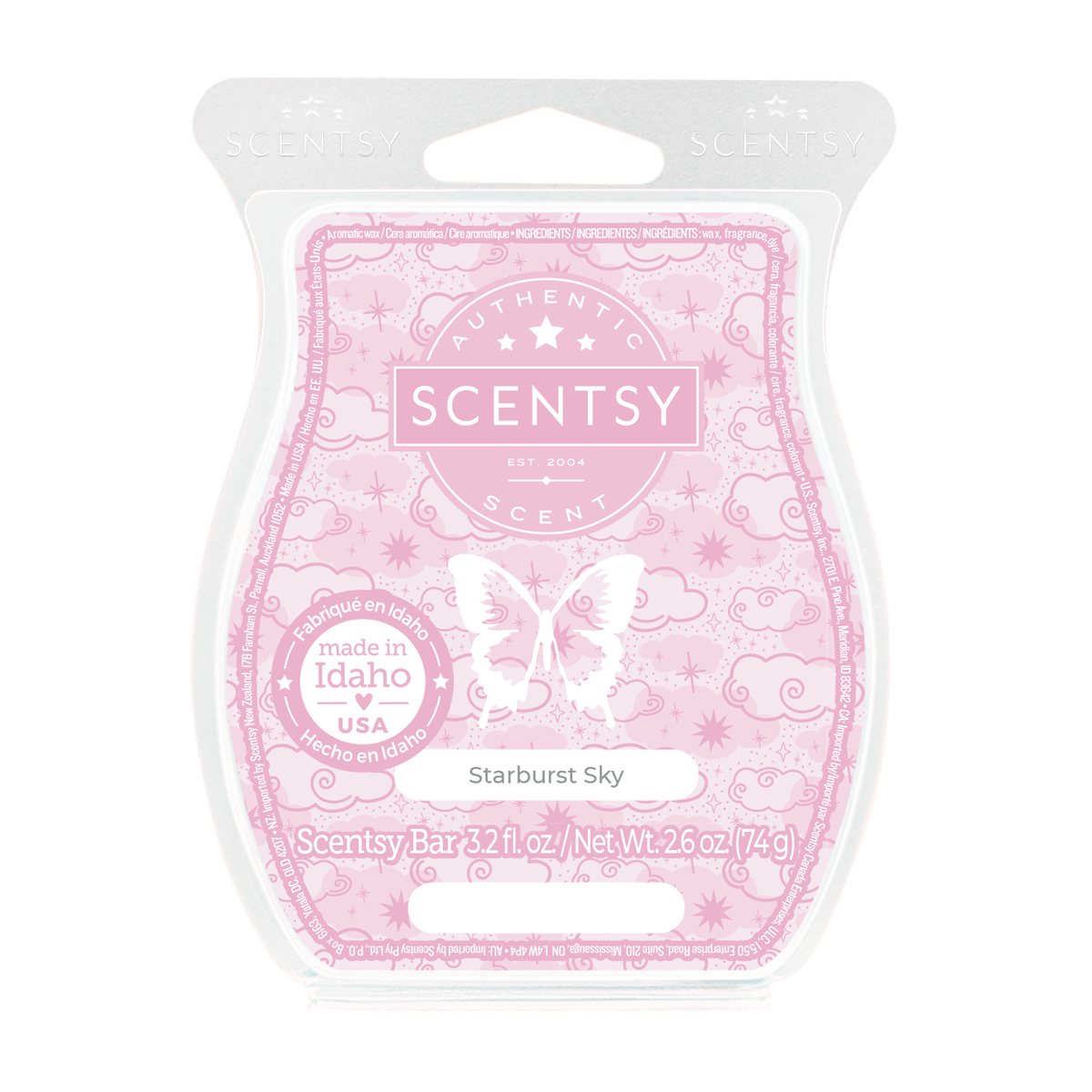 Scentsy bar packaging with pink design and butterfly illustration on a white background