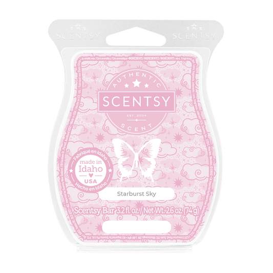 Scentsy bar packaging with pink design and butterfly illustration on a white background