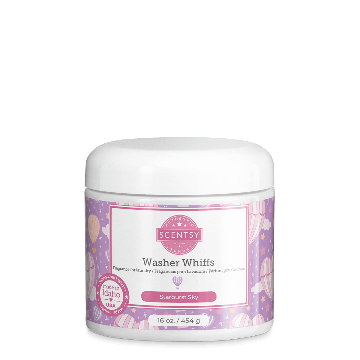 Scentsy Washer Whiffs container with purple and white design on a black background