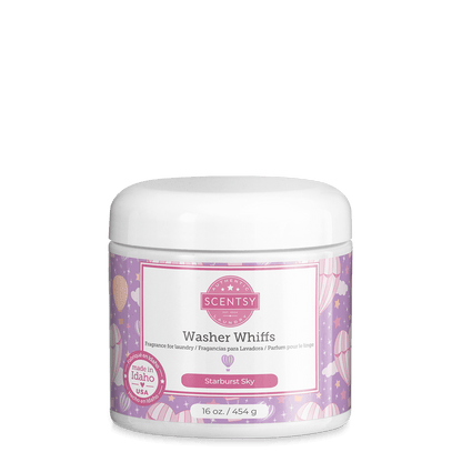Scentsy Washer Whiffs container with purple and white design on a black background