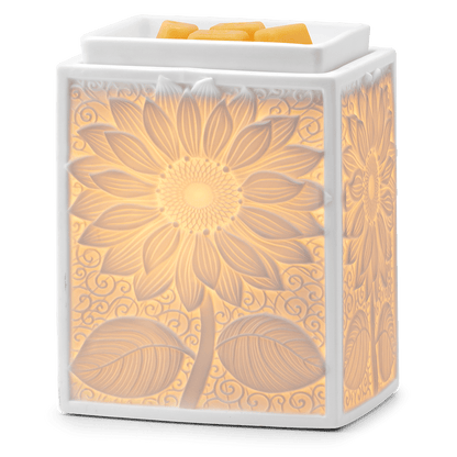 Square ceramic warmer with sunflower design on a white background