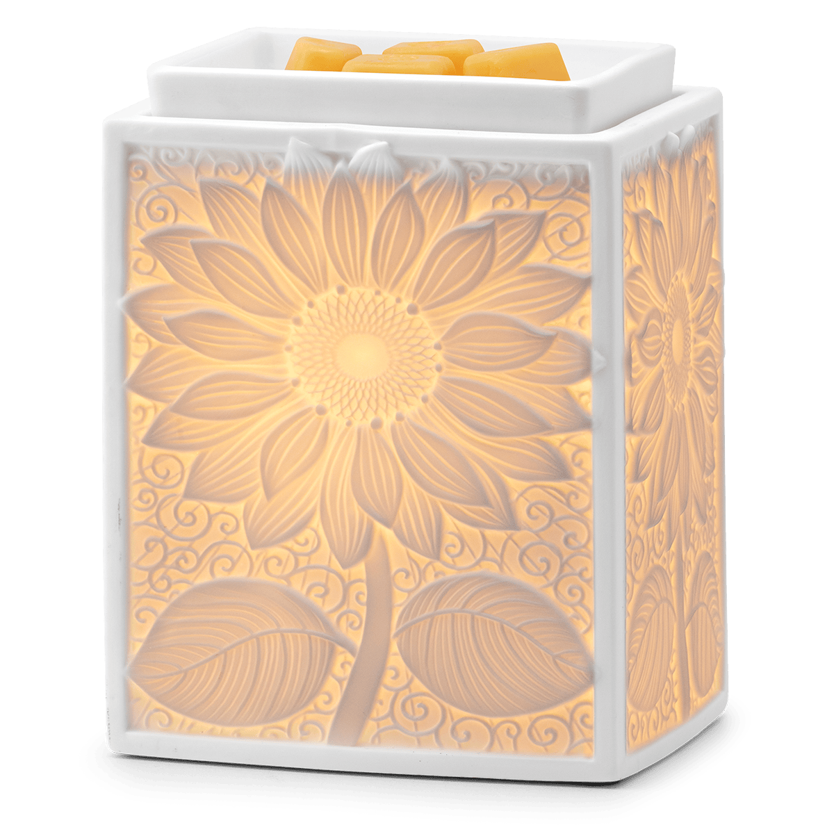Square ceramic warmer with sunflower design on a white background