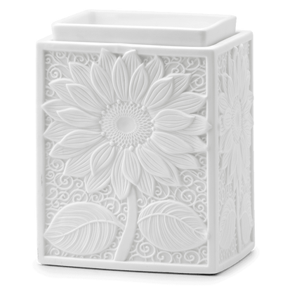 White ceramic vase with sunflower design on a white background