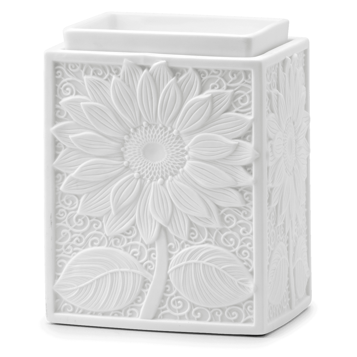 White ceramic vase with sunflower design on a white background
