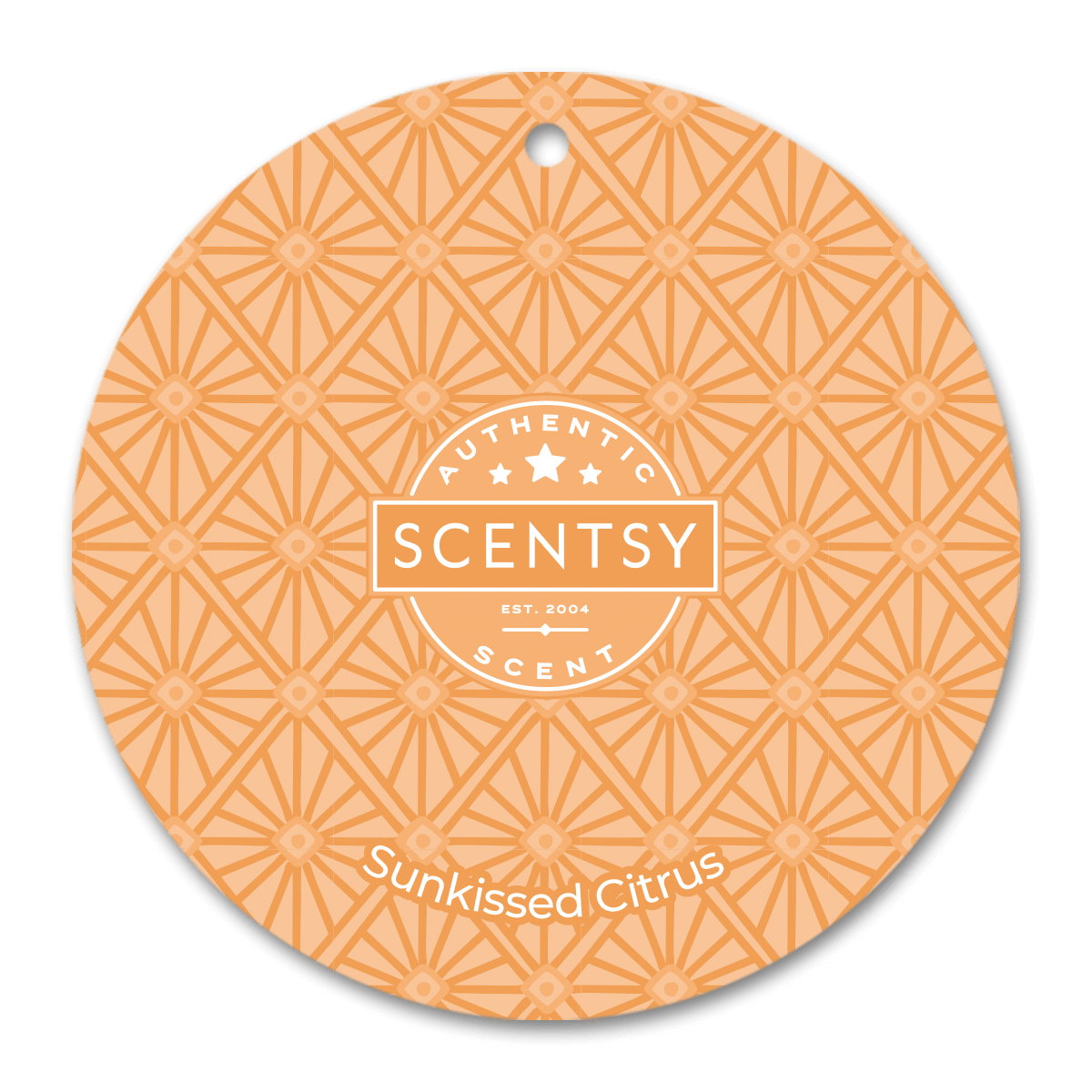 Scentsy Sunkissed Citrus scent disc with geometric pattern on a black background