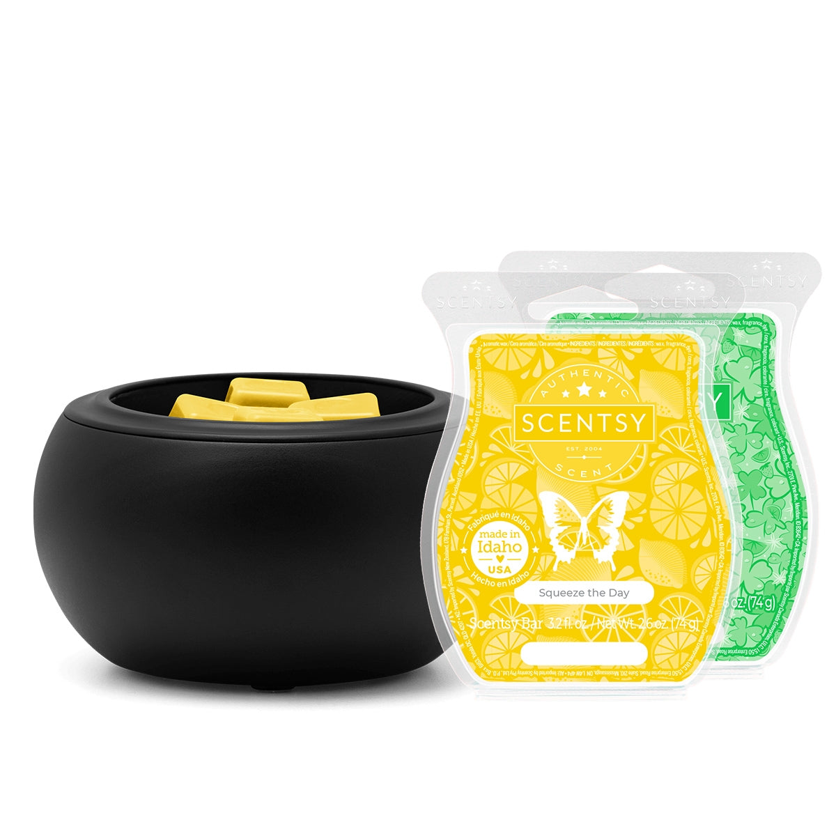 Black Scentsy warmer with two Scentsy wax packages on a white background
