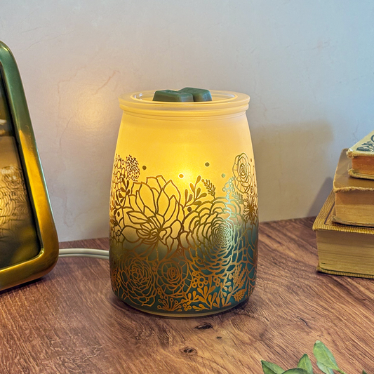 Decorative lamp with floral patterns on a wooden surface