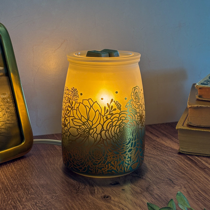 Decorative lamp with floral patterns on a wooden surface