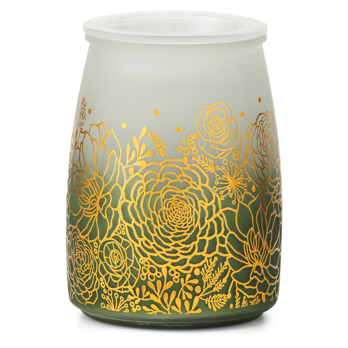Decorative wax warmer with gold floral patterns on a white background