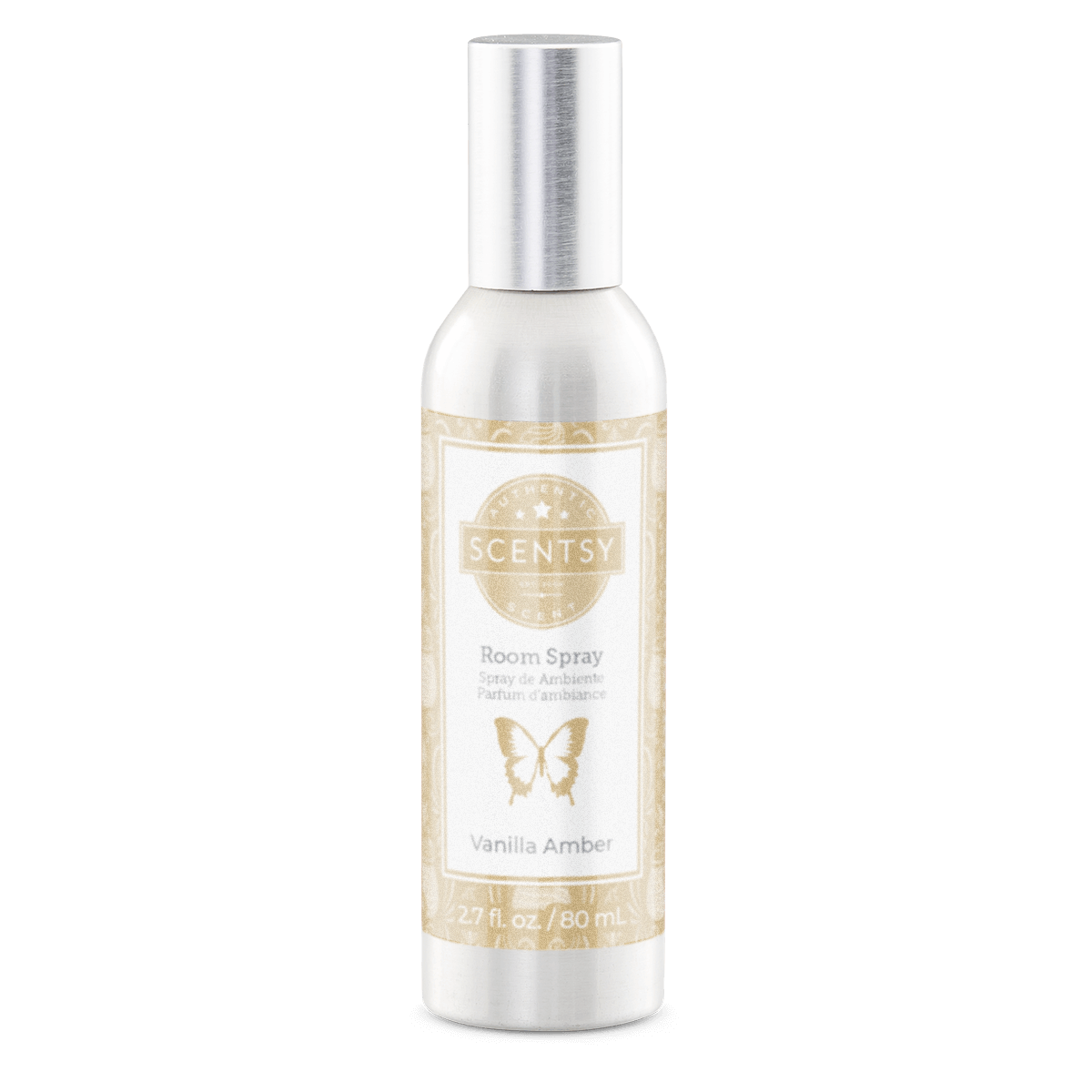 Scentsy Vanilla Amber room spray bottle on a white background