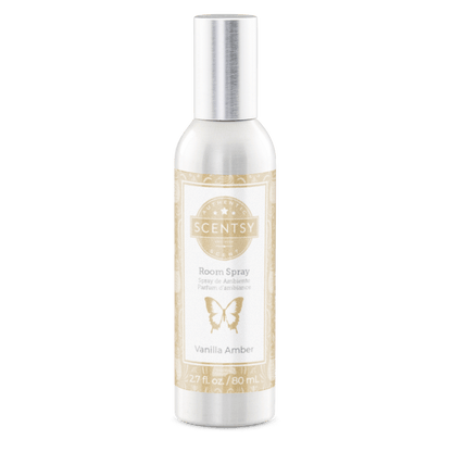 Scentsy Vanilla Amber room spray bottle on a white background