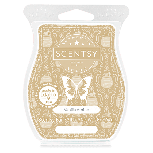 Scentsy Vanilla Amber bar packaging with butterfly design on a white background