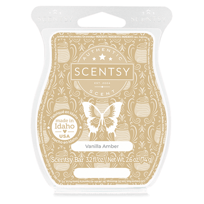Scentsy Vanilla Amber bar packaging with butterfly design on a white background