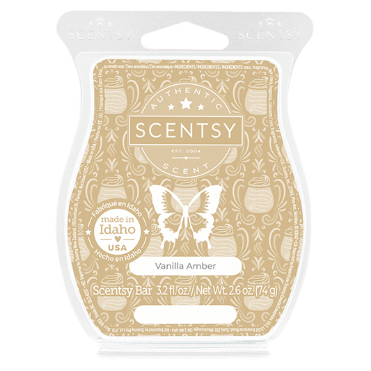 Scentsy Vanilla Amber bar packaging with butterfly design on a white background