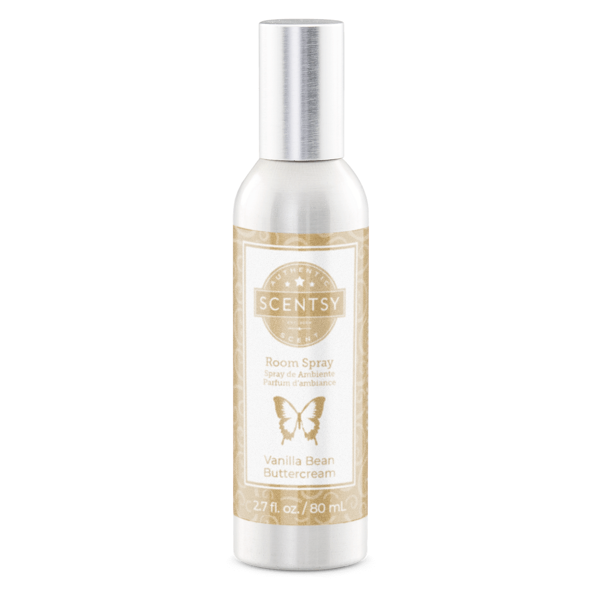 Scentsy room spray bottle with vanilla bean buttercream flavor on a white background
