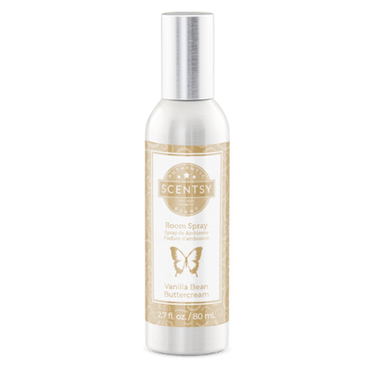 Scentsy room spray bottle with vanilla bean buttercream flavor on a white background
