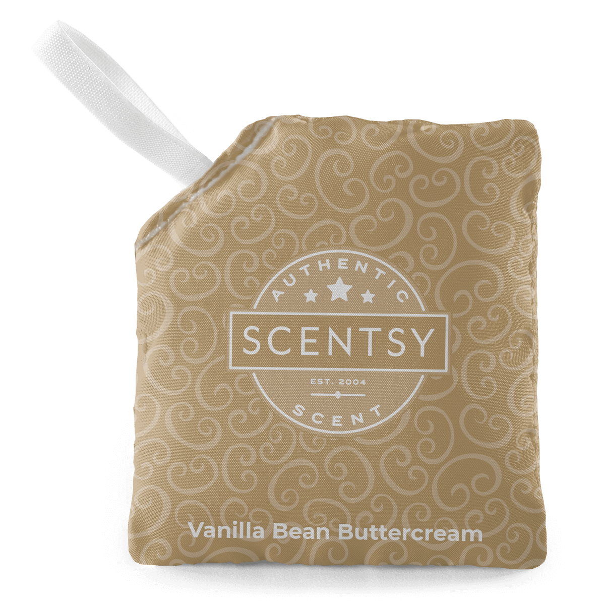Scentsy Vanilla Bean Buttercream scent pouch with a white handle on a black background
