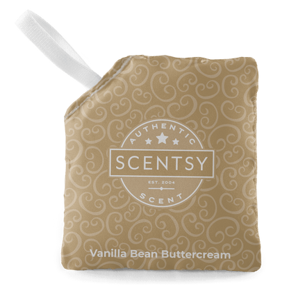 Scentsy Vanilla Bean Buttercream scent pouch with a white handle on a black background