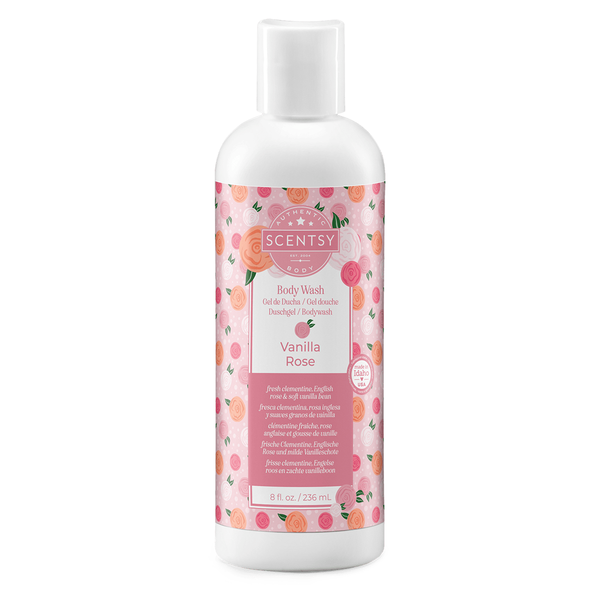 Scentsy Vanilla Rose body wash bottle on a green background