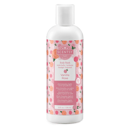 Scentsy Vanilla Rose body wash bottle on a green background