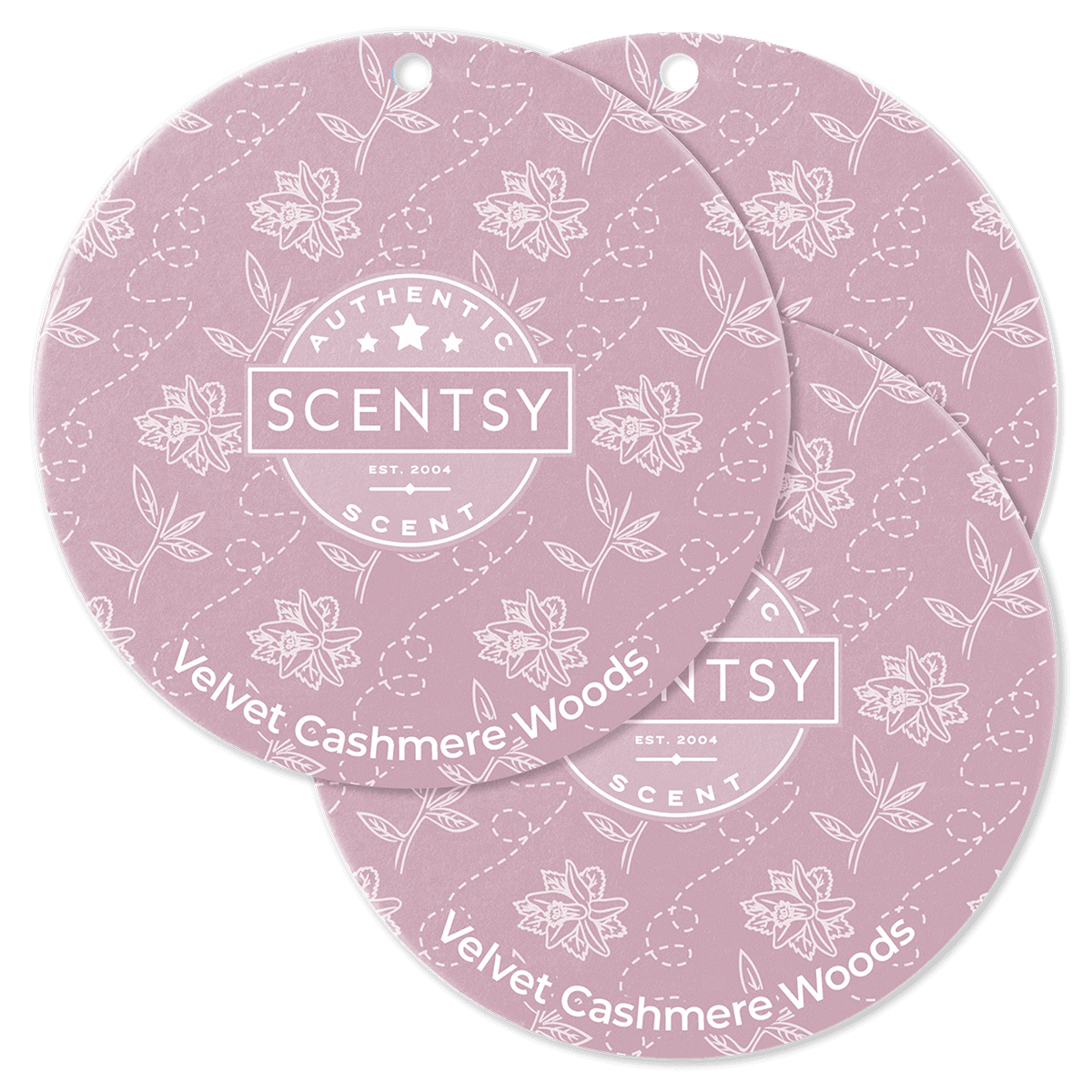 Two Scentsy scent discs with floral design and 'Velvet Cashmere Woods' text on a green background