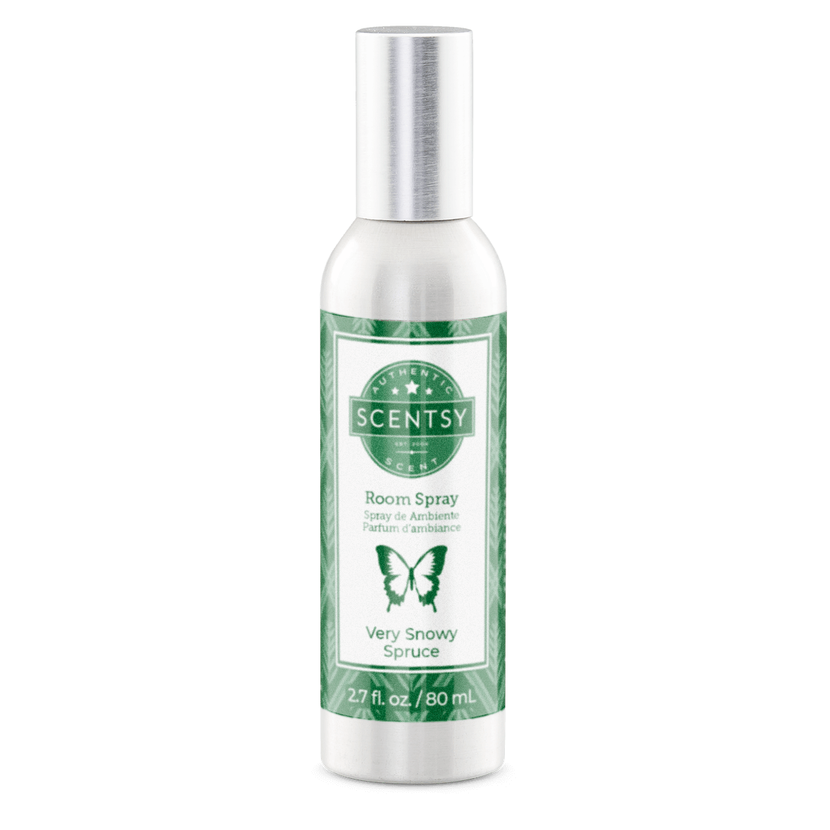Scentsy room spray bottle with green label on a white background