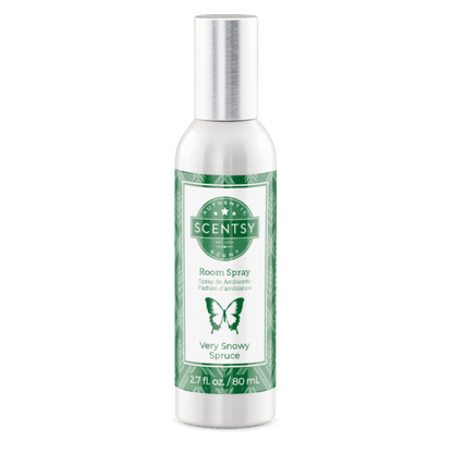 Scentsy room spray bottle with green label on a white background