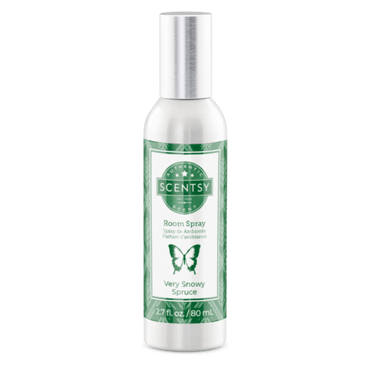 Scentsy room spray bottle with green label on a white background