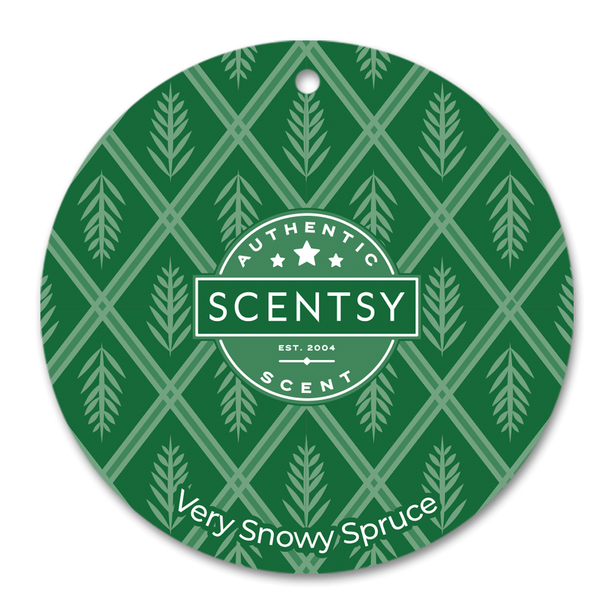 Scentsy Very Snowy Spruce scent disc with green and white pattern