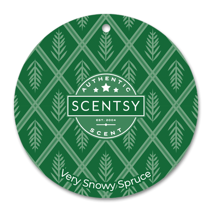 Scentsy Very Snowy Spruce scent disc with green and white pattern